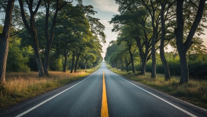 Obraz premium Scenic straight road lined with lush green trees under a clear sky inviting a peaceful outdoor journey or adventure