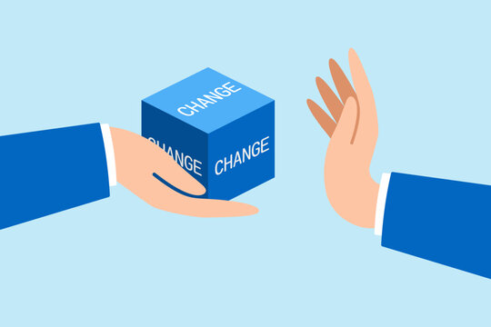 Flat illustration businessman hand refuse to open change cube box representing fear of leaving status quo or comfort zone