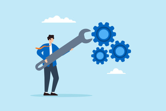 Flat illustration businessman hold wrench to adjust cogwheel symbolizing optimization for business improvement