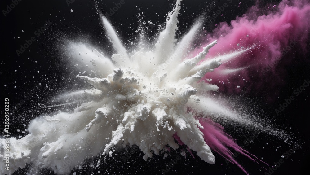 Poster colorful dust explosion creating dynamic patterns on a dark background showcasing vibrant pink and w