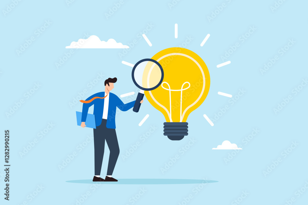 Poster flat illustration businessman analyze glowing lightbulb idea with magnifier checking and validate bu