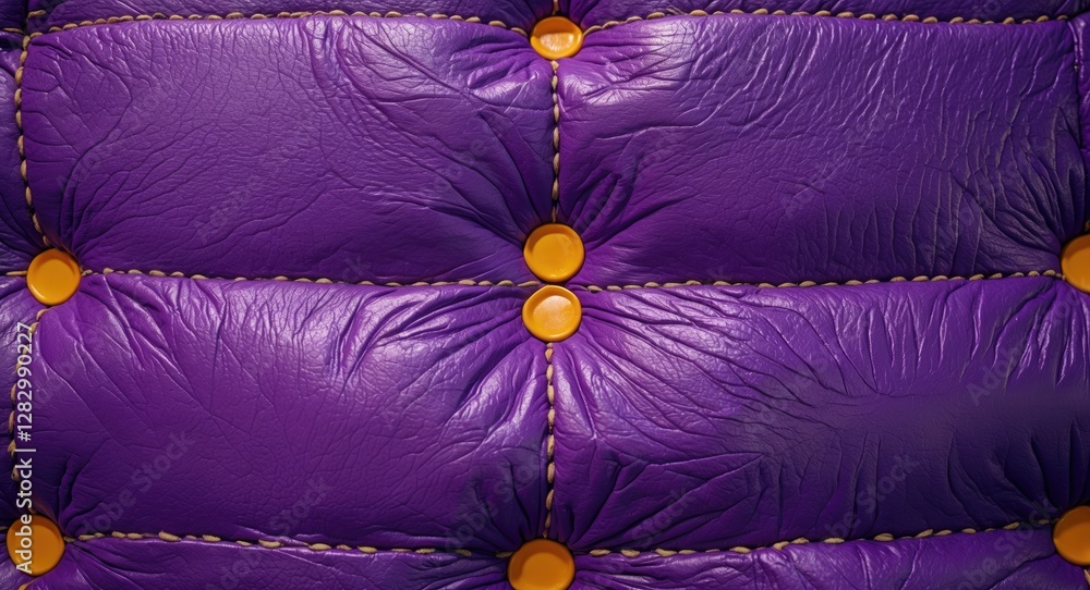 Poster purple textured leather upholstery with yellow buttons and visible stitching patterns close-up for t
