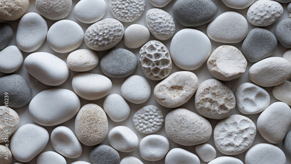 Poster various smooth pebbles in shades of white and gray arranged in a textured pattern on a flat surface