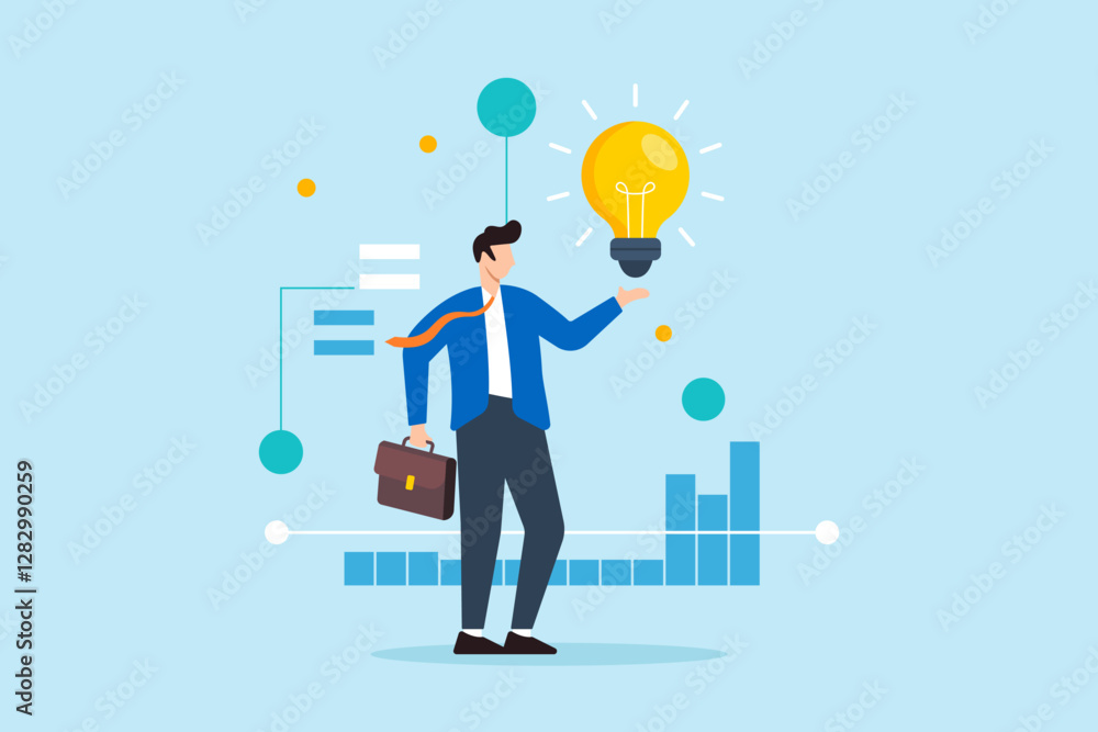 Poster flat illustration businessman hold glowing lightbulb with data pattern symbolizing business intellig