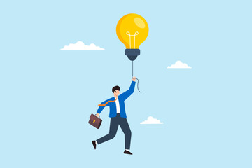 Flat illustration smart businessman fly with glowing lightbulb idea to catch star representing creativity and innovation