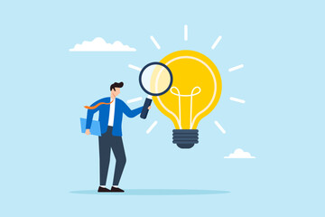 Flat illustration businessman analyze glowing lightbulb idea with magnifier checking and validate business viability