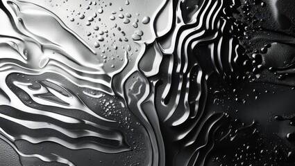 Abstract Black and White Glass Texture with Fluid Patterns and Water Droplets on Surface