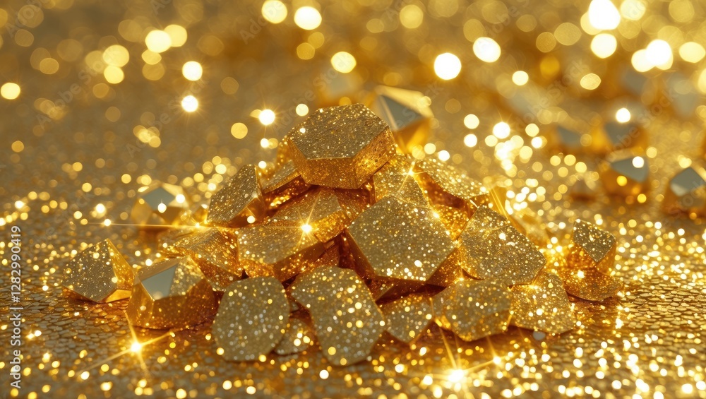 Poster glittering golden stones with shimmering reflections on a sparkling golden surface creating a luxuri