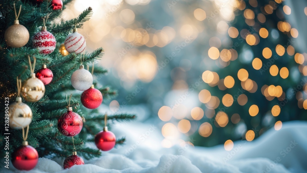 Poster festive christmas tree adorned with colorful baubles and a dreamy bokeh background creating a warm h