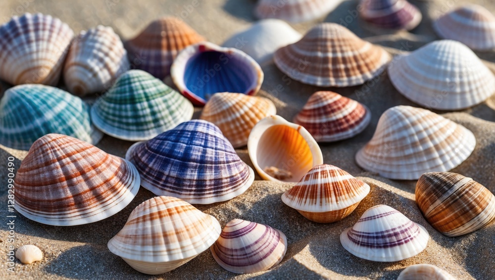 Poster colorful array of various clams and sea shells scattered on sandy beach showcasing unique patterns a