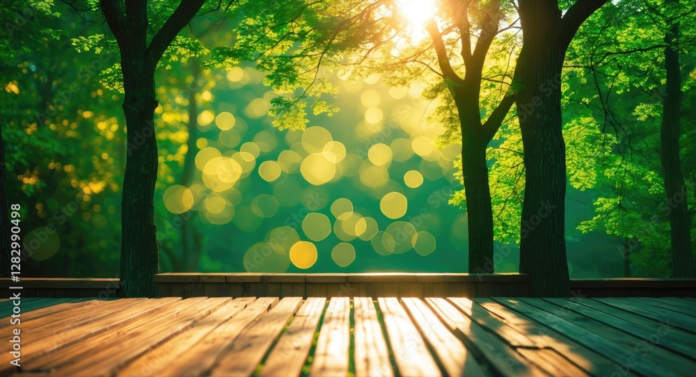 Poster sunlit abstract bokeh background with green foliage and wooden terrace in nature creating a serene a