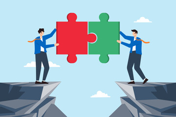 Flat illustration two businessmen connect jigsaw puzzle bridge on cliff symbolizing teamwork and partnership to solve problem