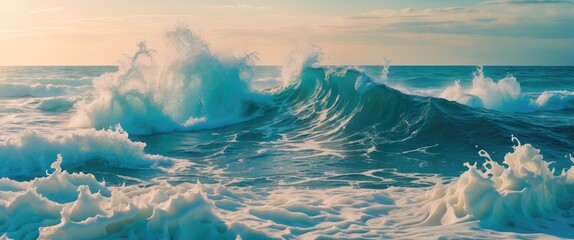 Dynamic ocean waves with sea foam illuminated by soft sunlight creating a serene coastal atmosphere