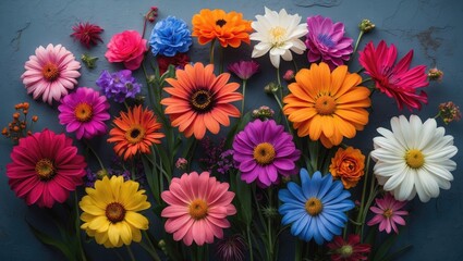 Fototapeta premium Vibrant assortment of colorful flowers arranged beautifully on a textured background celebrating nature's diversity and beauty