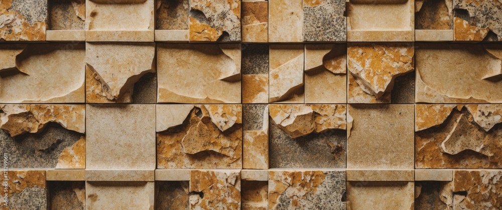 Poster textured stone wall tiles with irregular shapes and earthy color tones arranged in a geometric patte