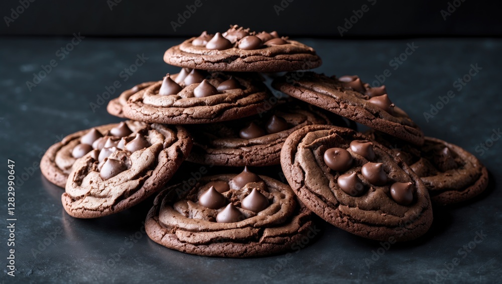 Poster Stack of freshly baked chocolate chip cookies arranged on a dark surface displaying rich texture and chocolate drops.
