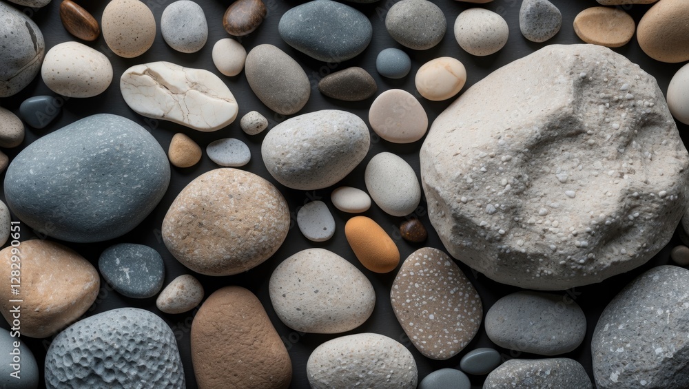 Poster diverse assortment of smooth pebbles in varying sizes and textures arranged artistically on a dark b