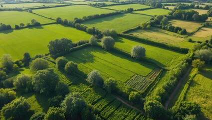 Fototapeta premium Aerial view of lush green fields and farmland showcasing a picturesque rural landscape with trees and crop patterns.
