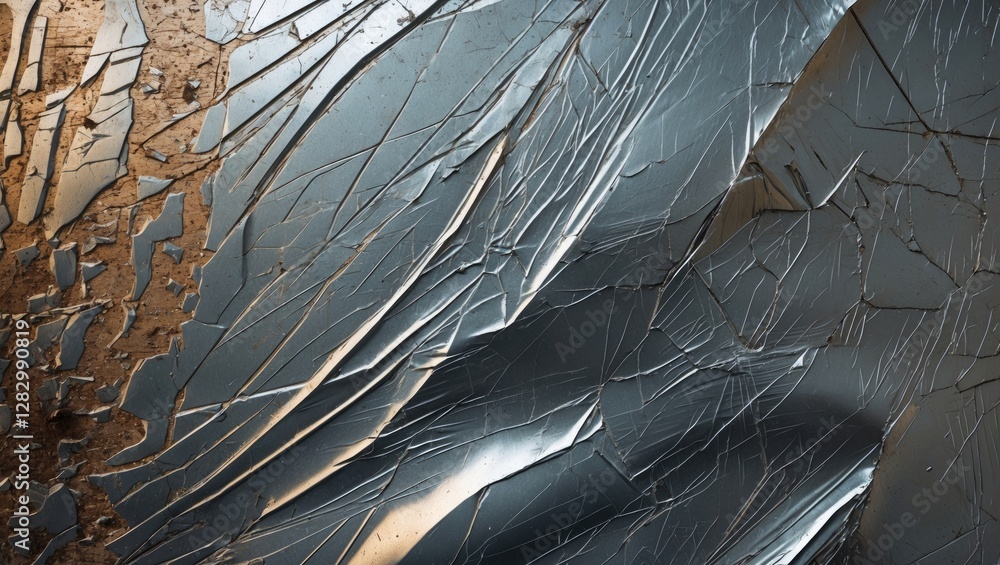 Poster close-up of cracked and damaged metallic surface with intricate patterns and textures showcasing lay