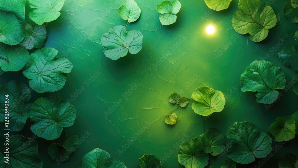 Poster lush green leaves layered over an abstract textured background illuminated by soft light creating a 