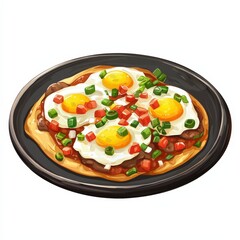 Mexican huevos rancheros ranch eggs national cuisine dish isolated on white background colorful cartoon illustration