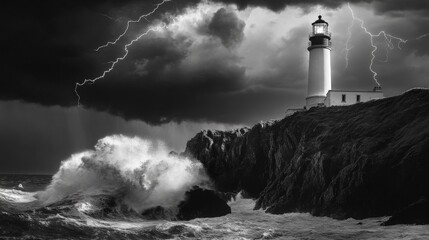 Lighthouse Stands Strong Against Stormy Seas and Lightning
