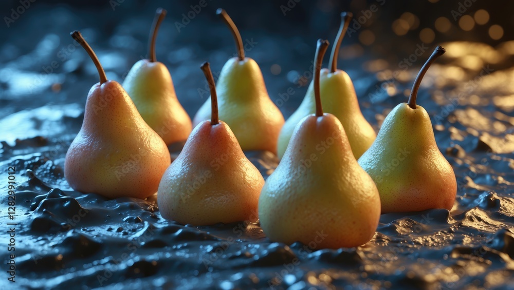 Poster group of eight realistic pears arranged on a textured dark surface with soft blue lighting creating 