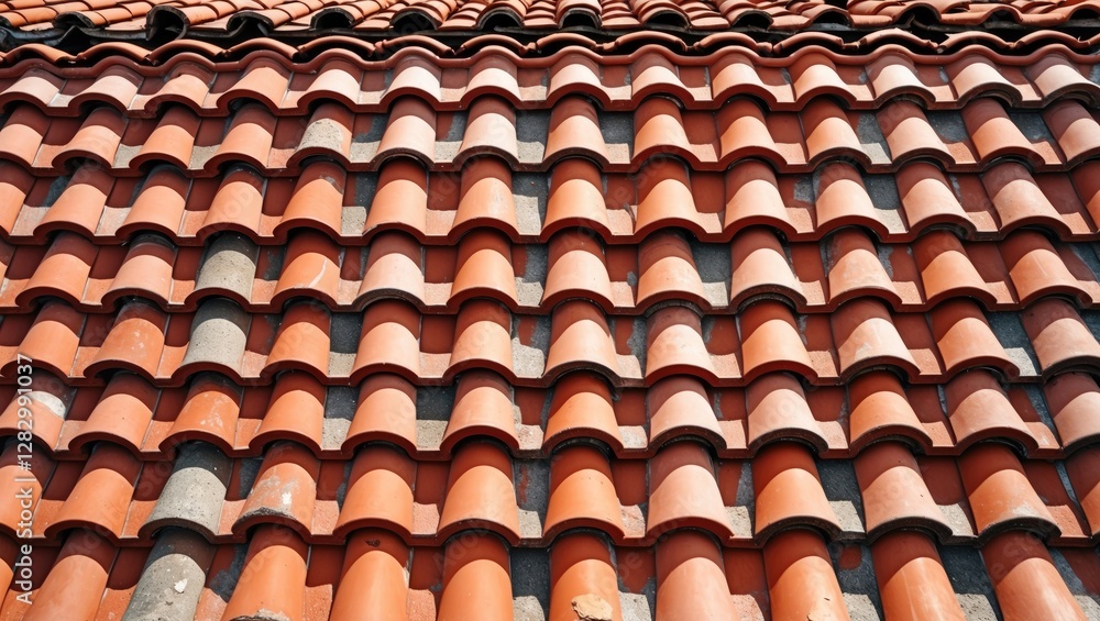 Poster clay roof tiles in a pattern showing texture and color variations on a building exterior surface in 