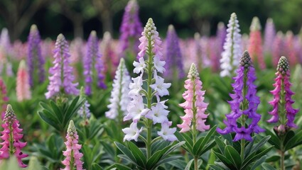 Obraz premium Colorful field of Angelonia flowers showcasing vibrant blossoms in various shades of purple, pink, and white under lush greenery.