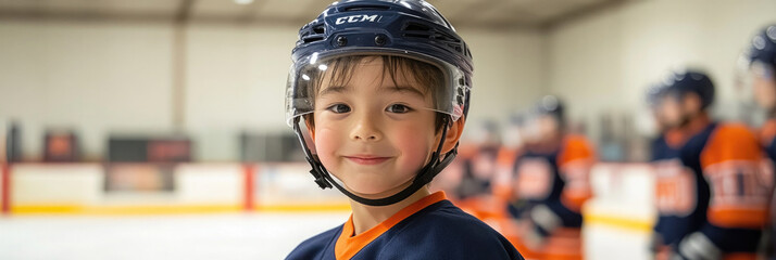 Young hockey player smiles on the rink while teammates prepare for practice at a local hockey arena in winter