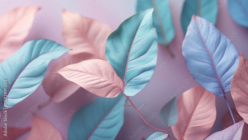 Poster pastel colored abstract leaves background with soft focus for creative design and artistic projects.