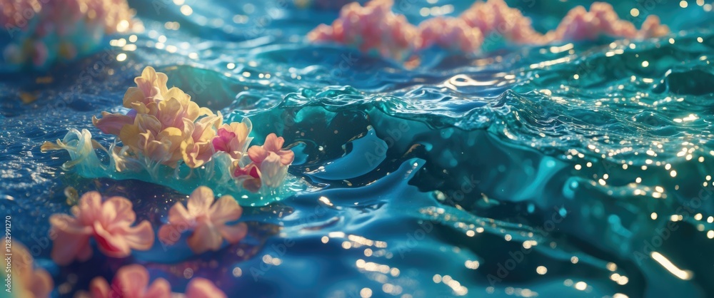 Poster vibrant aquatic texture with flowers creating a seamless pattern of shimmering water and colorful bl