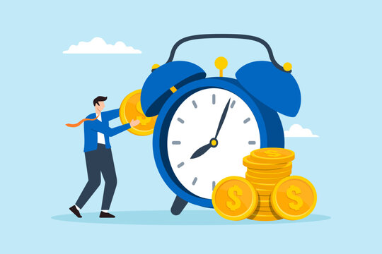 Flat illustration businessman put coin into alarm clock symbolizing long term investment and saving growth