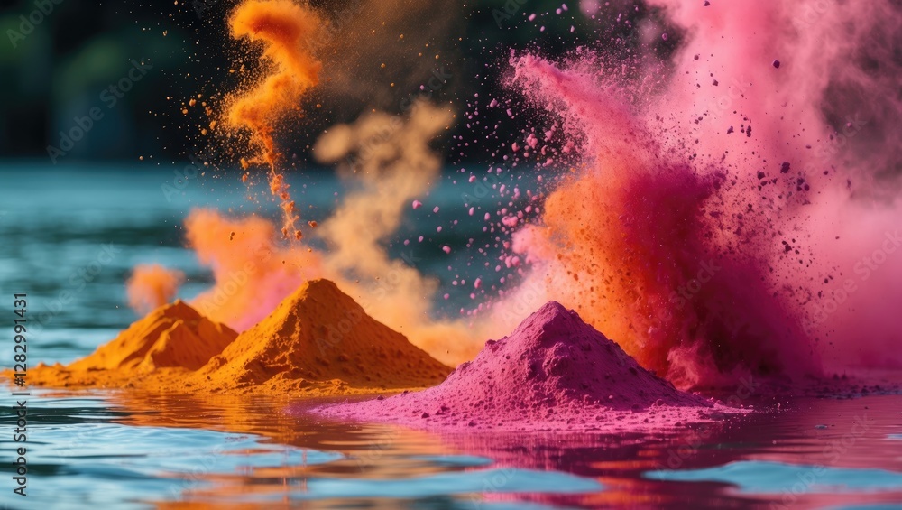 Aufkleber vibrant colored powders of orange and pink splash into water creating a dynamic abstract scene of mo
