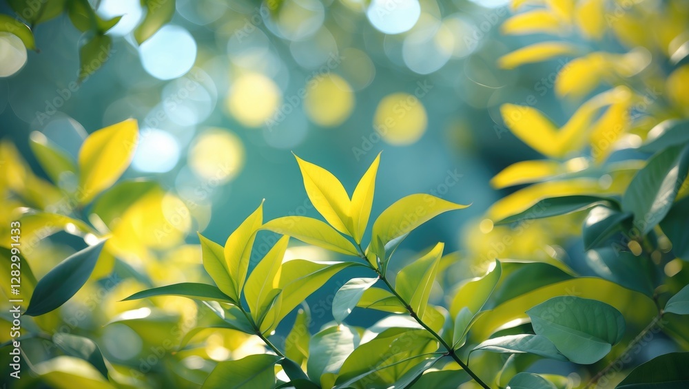Poster vibrant abstract green and yellow foliage with a dreamy bokeh background creating a serene nature co