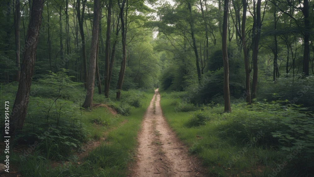 Poster forest path surrounded by dense green foliage and tall trees under soft diffused light on a tranquil