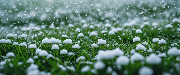 Snow covered grass field with snowflakes falling during winter season in nature landscape.