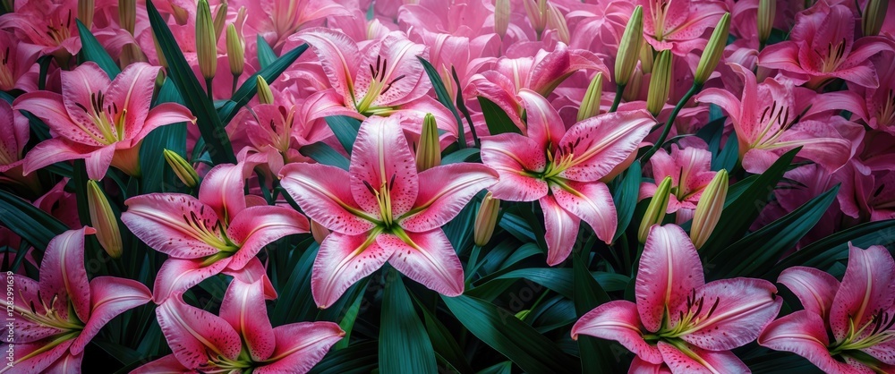 Poster pink lilies in full bloom surrounded by green leaves with a soft, diffused background creating a vib