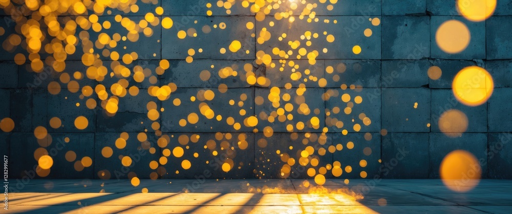 Aufkleber golden bokeh effect with sunlight illuminating a textured concrete wall creating a vibrant abstract 