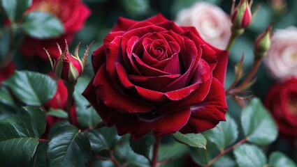 Red rose flower in full bloom surrounded by green foliage and unopened buds with a blurred background of various colored roses.