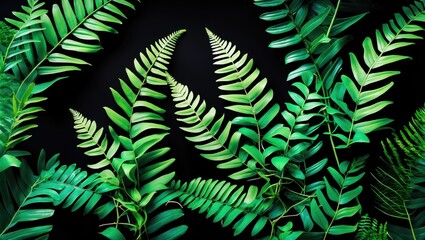 Lush green fern leaves arranged artistically on a dark background showcasing natural beauty and intricate details of foliage.