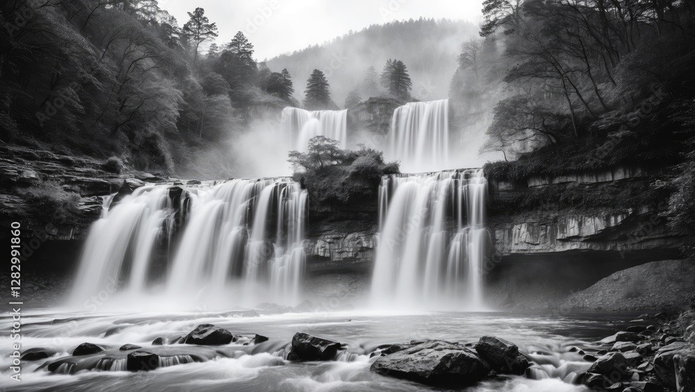 Poster black and white landscape photograph of a multiple cascading waterfalls surrounded by misty trees an