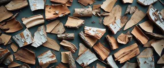 Assorted pieces of firewood piled together with variations in color and texture on a flat surface