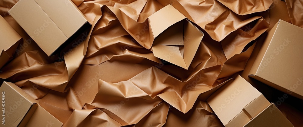 Poster abstract composition of crumpled brown paper and open cardboard boxes creating a textured background