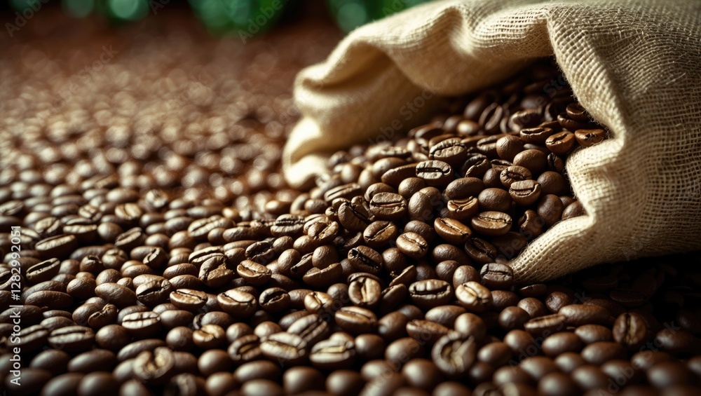 Poster coffee beans spilled from a burlap bag surrounded by scattered beans on a textured surface with soft