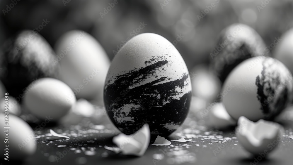 Poster black and white abstract background featuring artistic decorated eggs with a bokeh effect and delica