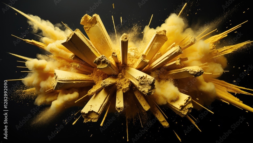 Poster dynamic explosion of yellow and gold powder creating an abstract cloud against a sleek black backgro