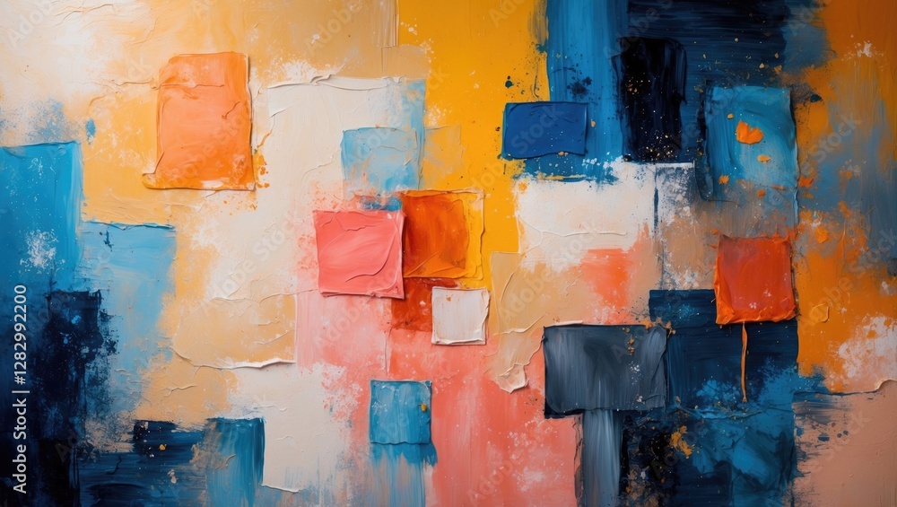 Poster vibrant abstract painting with bold colors and textured shapes creating a contemporary artistic back