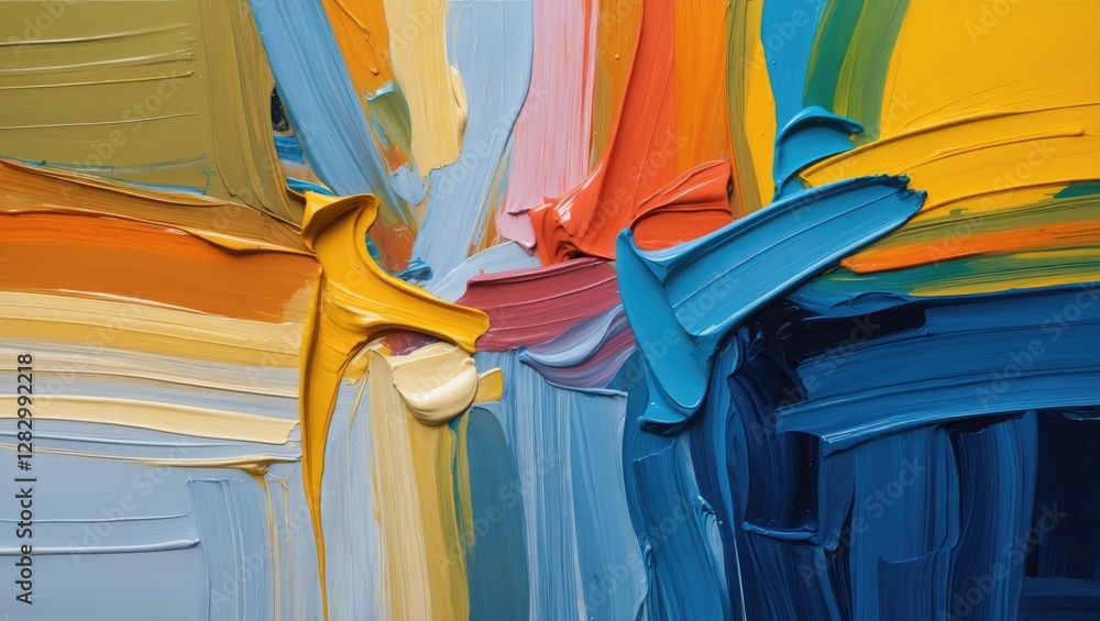 Poster vibrant abstract oil painting with dynamic color strokes and textured layers showcasing a lively mix
