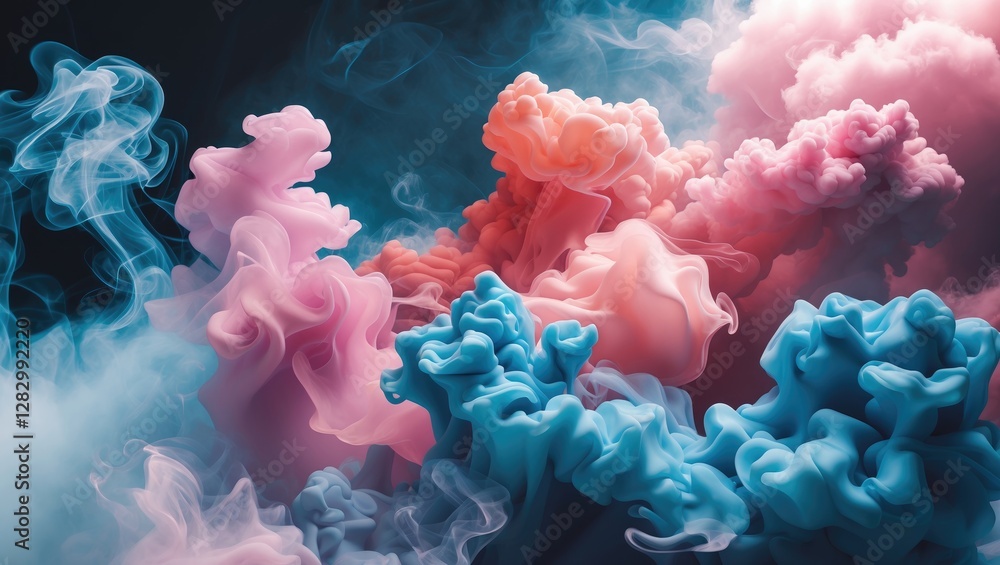 Poster colorful abstract smoke patterns with pink and blue hues on a dark background creating a dramatic vi